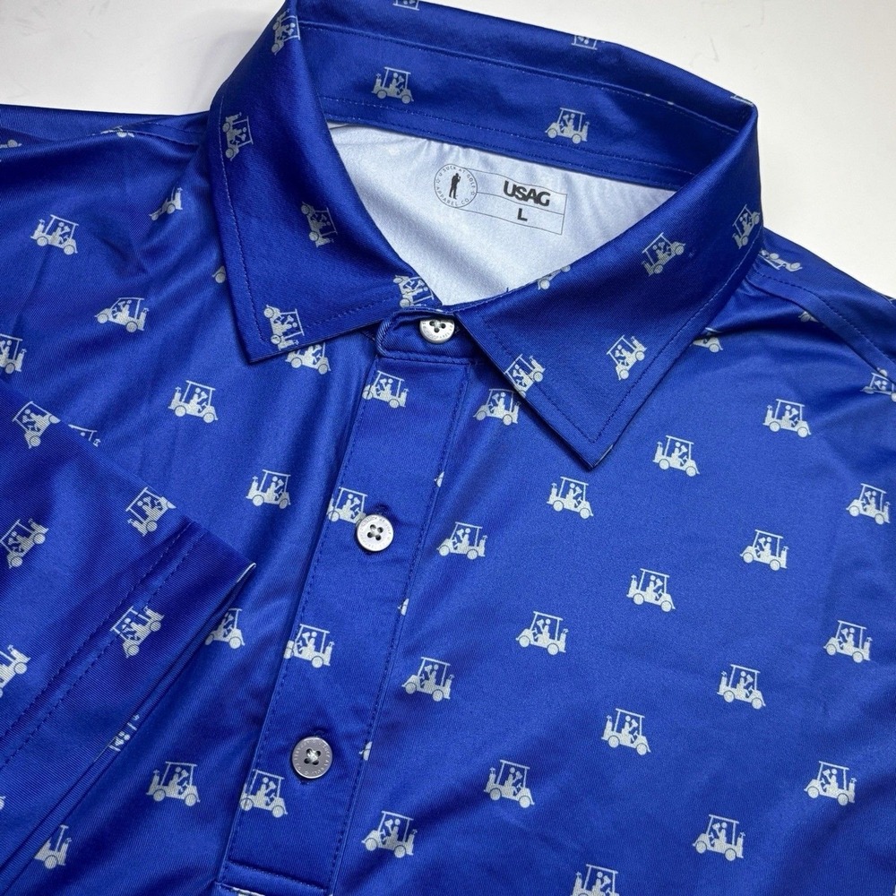U Suck At Golf USAG Golf Cart Beer Print Men Large Royal Blue Performance Polo